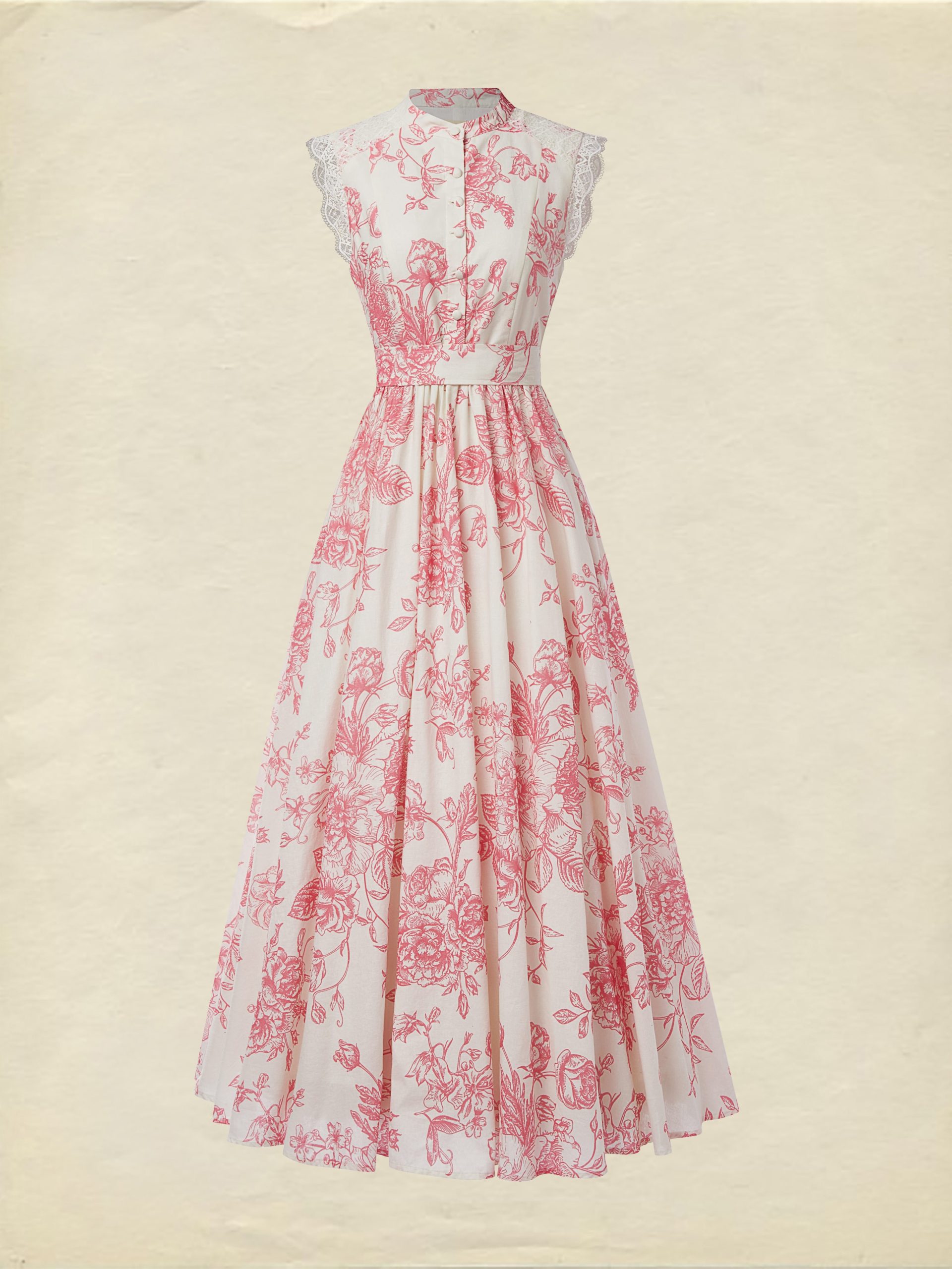 (SIZE:XS-XXL) Maxi Linen Dress , Cap Sleeves, Stand Collar, Floral, Lace, Vintage, Apricot - Image 2