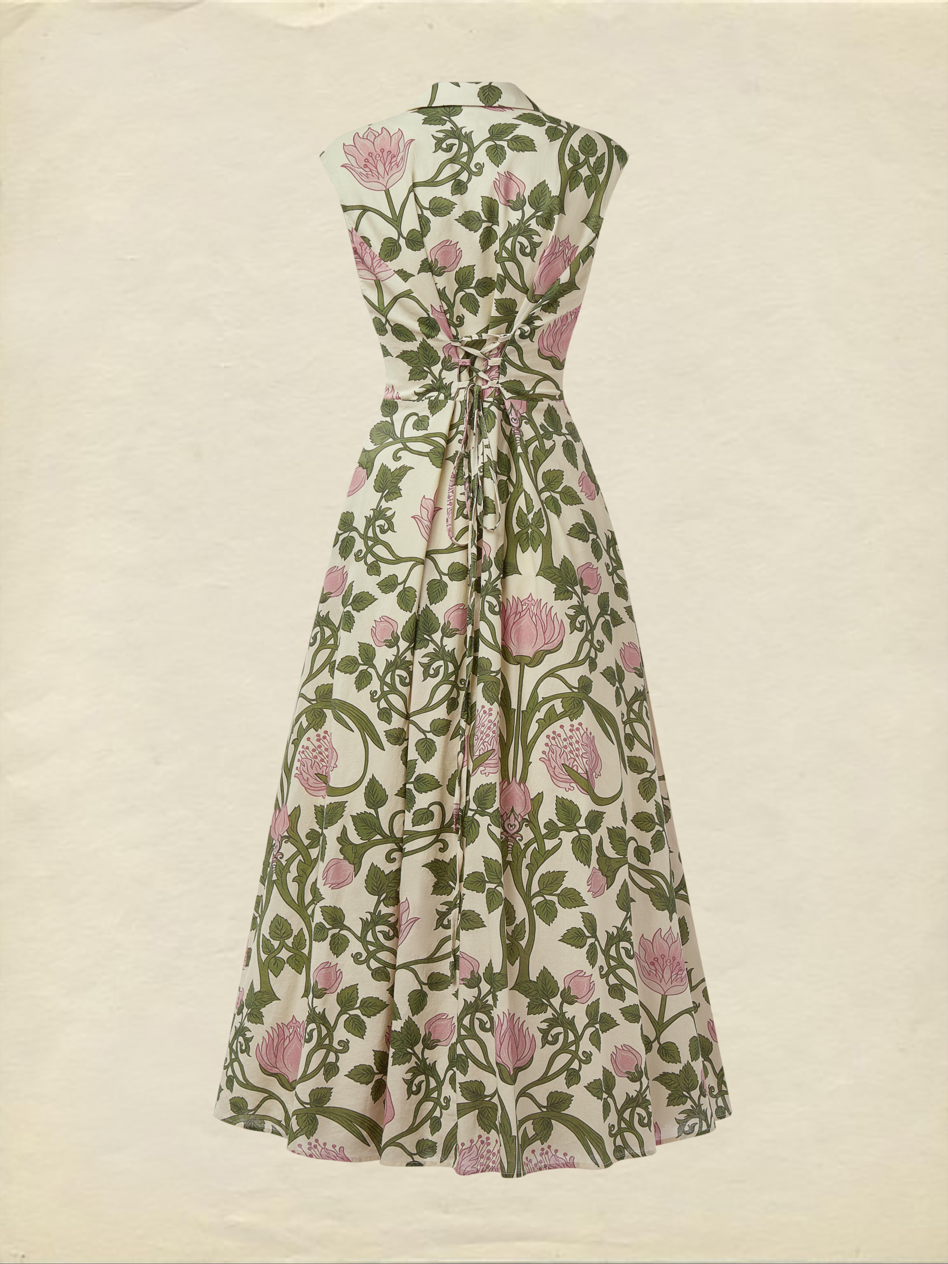 (SIZE:XS-XXL) Midi Linen Dress , Cap Sleeves, Shawl Collar, Floral, Button Design, Vintage, Green - Image 3
