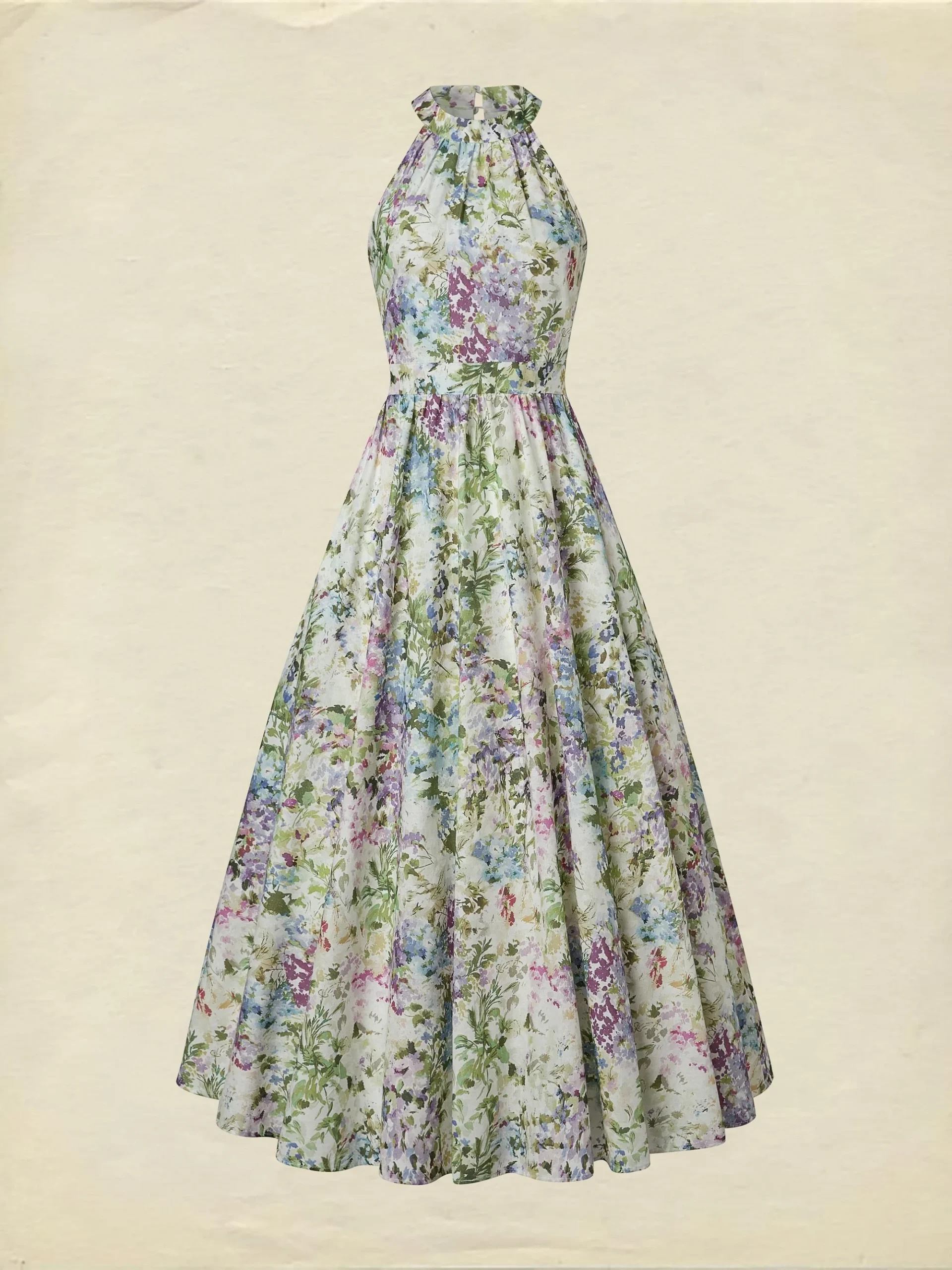 Maxi Cotton Dress, Sleeveless, Halter, Floral, Vacation, Vintage, White - Image 2