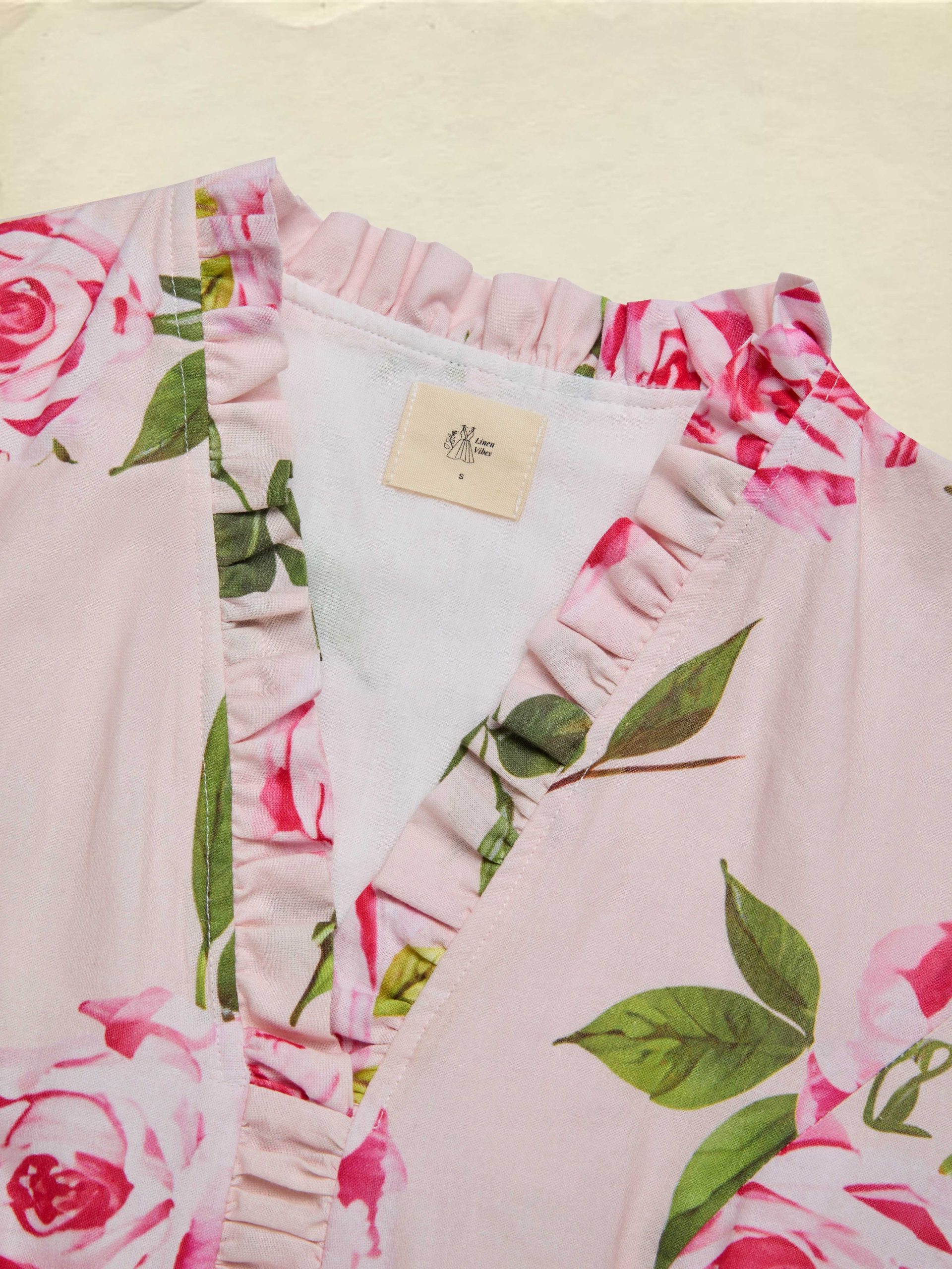 Midi Linen Dress , Long Sleeves, V Neck, Floral, Belt Design, Vacation, Vintage, Light Pink - Image 4