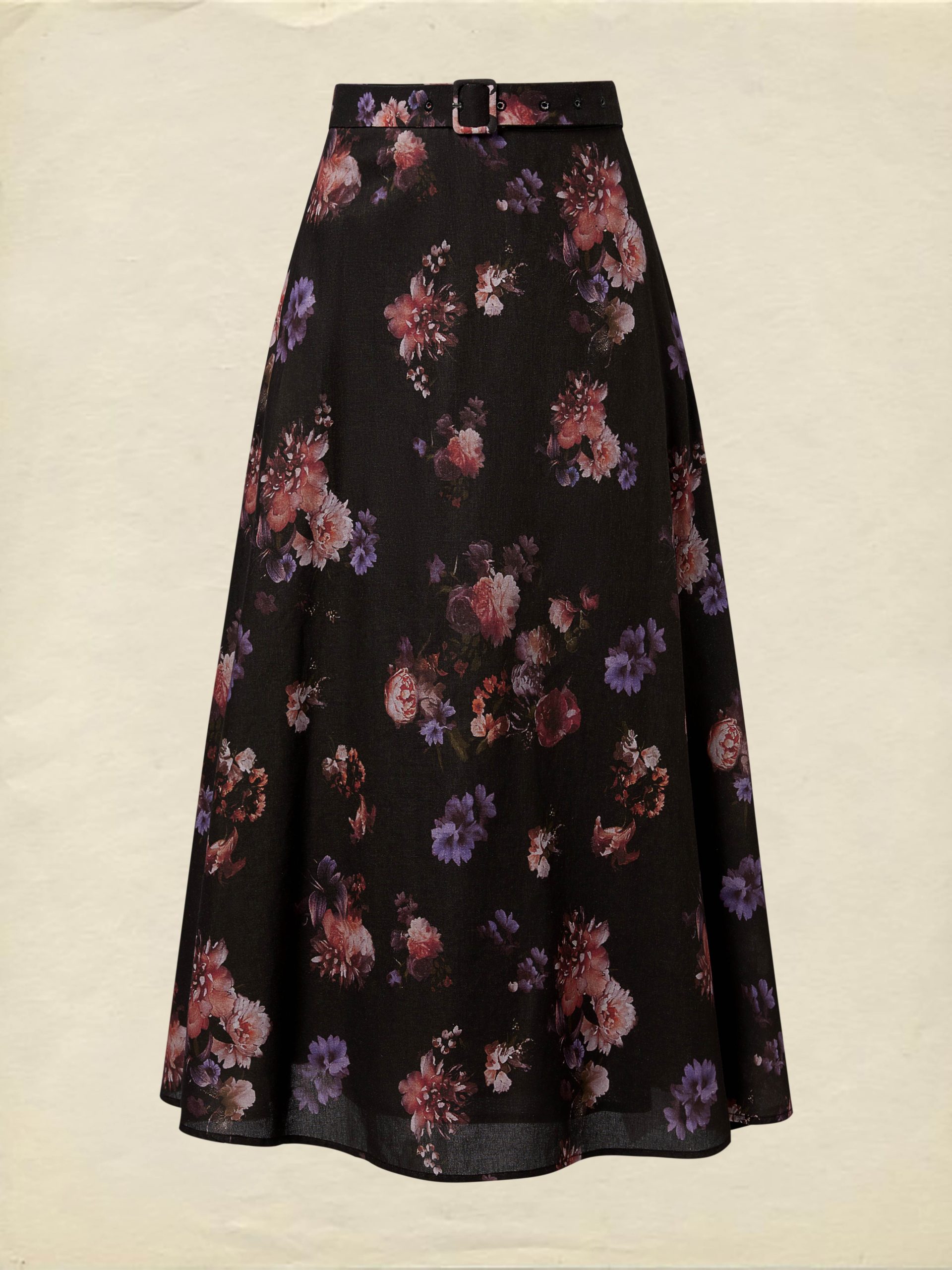 Maxi Cotton Skirt, Floral, Belt Design, Vintage, Black - Image 2