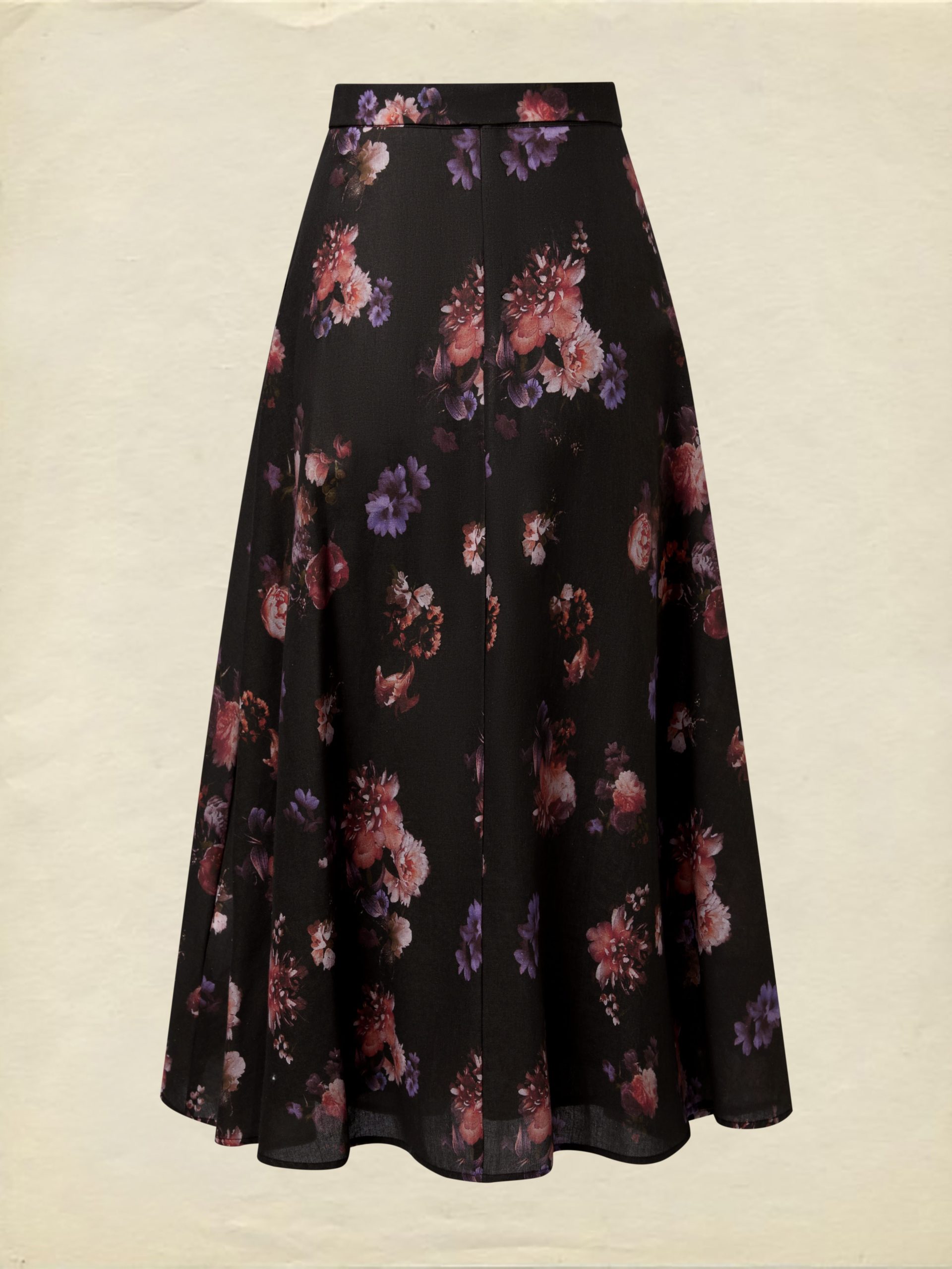 Maxi Cotton Skirt, Floral, Belt Design, Vintage, Black - Image 3