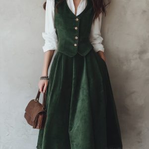 Midi Cotton Skirt (Shirt and Vest Not Included), Plain, Pocket Design, Vintage, Green