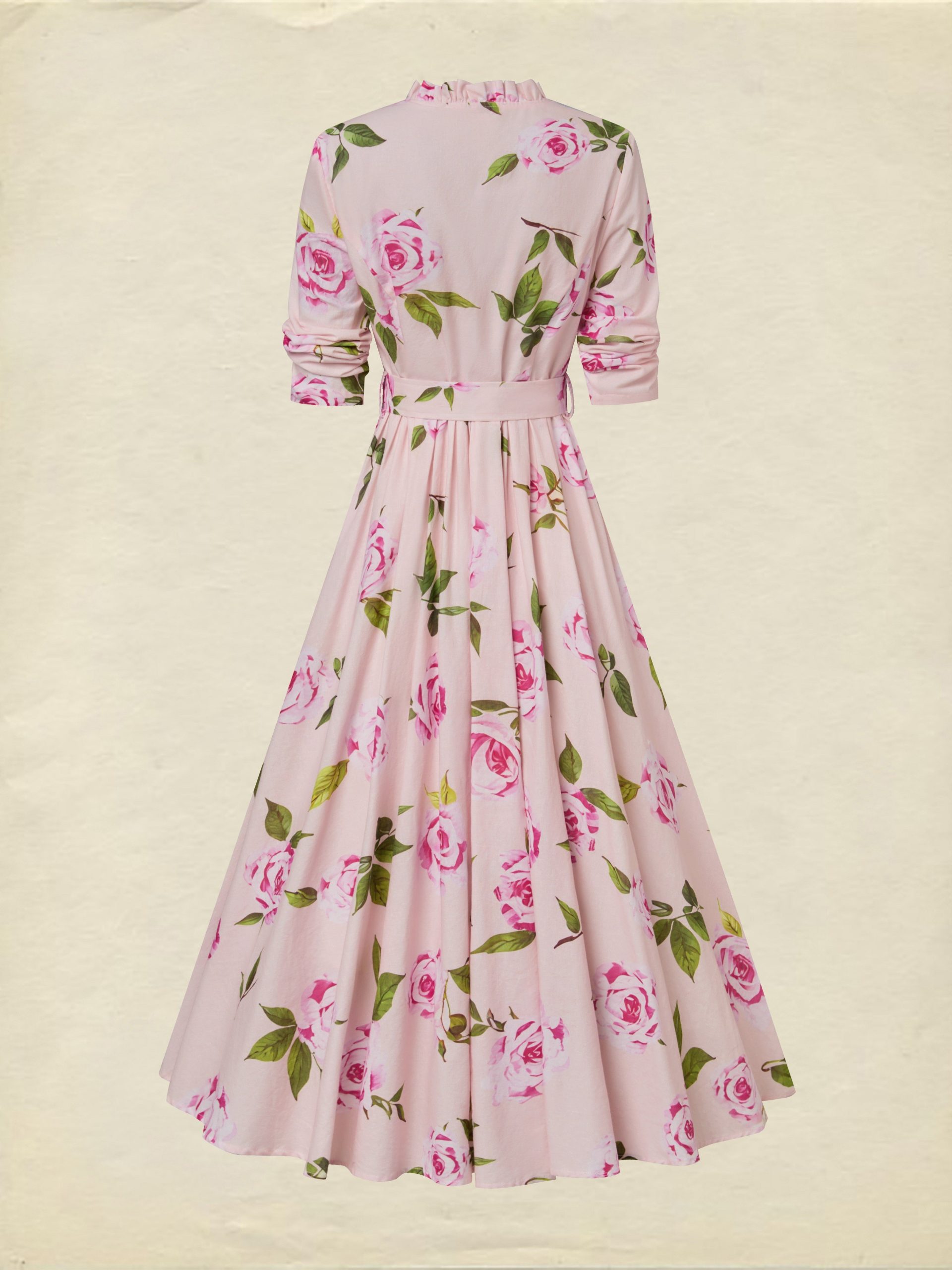 Midi Linen Dress , Long Sleeves, V Neck, Floral, Belt Design, Vacation, Vintage, Light Pink - Image 3