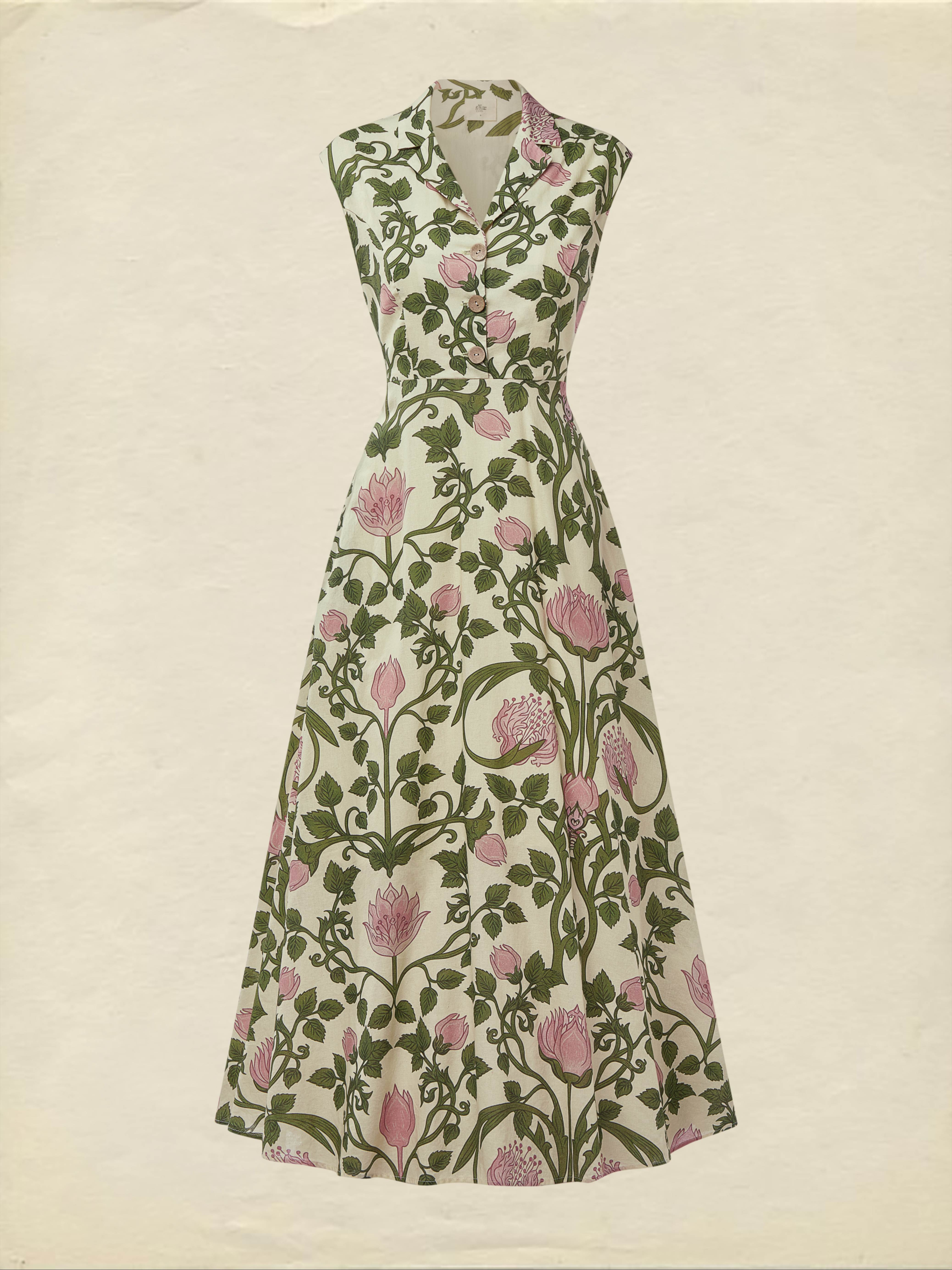 (SIZE:XS-XXL) Midi Linen Dress , Cap Sleeves, Shawl Collar, Floral, Button Design, Vintage, Green - Image 2