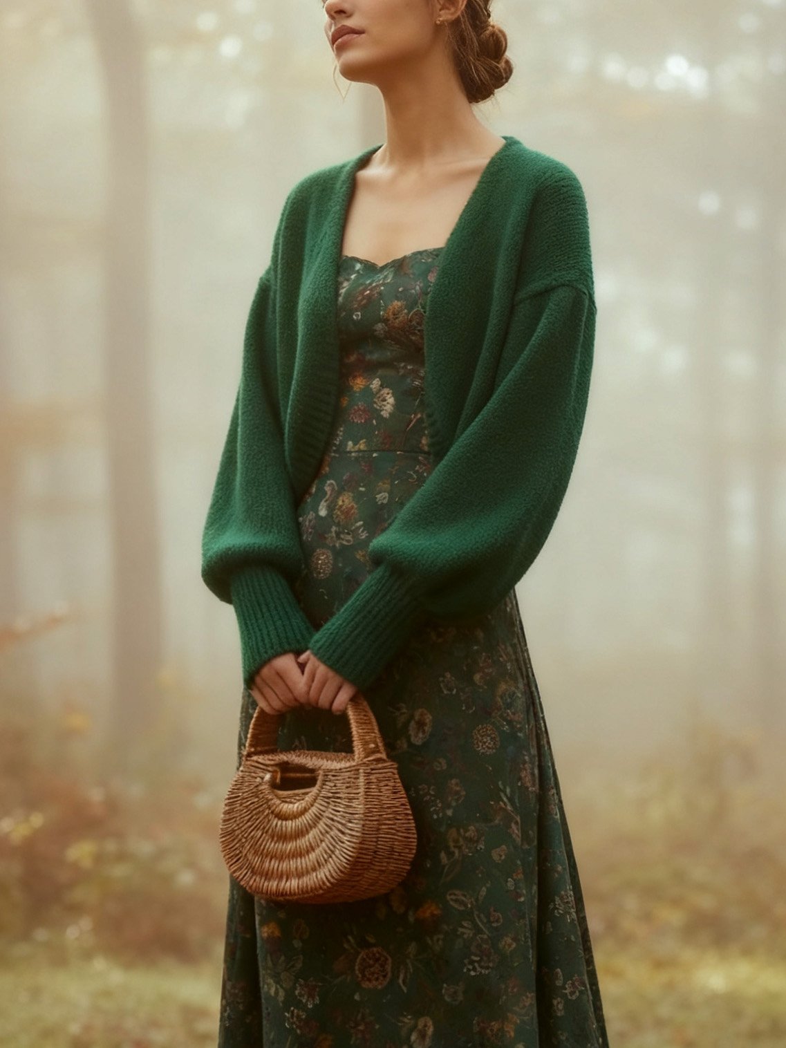 Midi Linen Dress, Long Sleeves, Square Neck, Paisley, Vintage, Green - Image 3