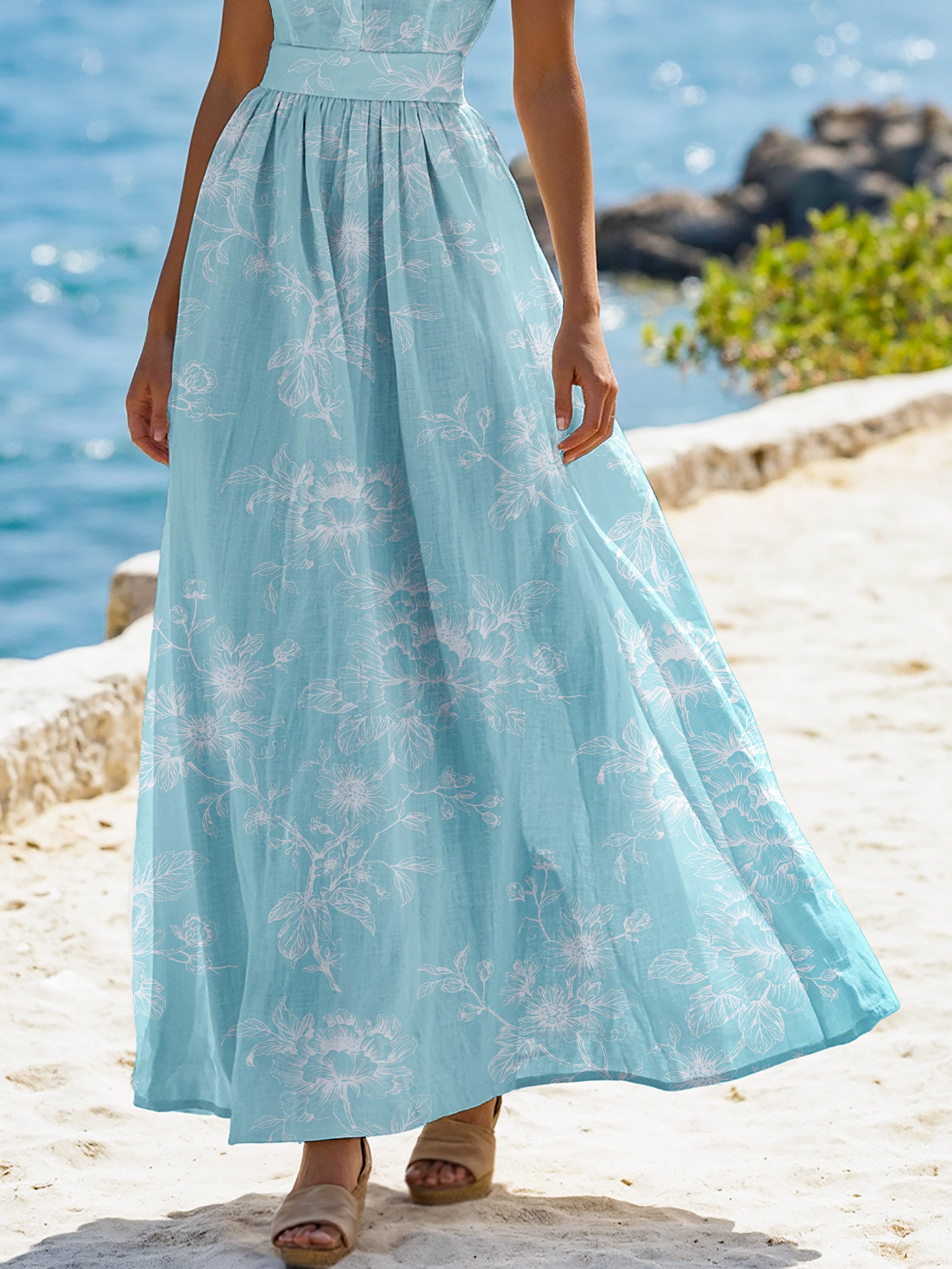 (SIZE:XS-XXL) Maxi Linen Dress , Cap Sleeves, Stand Collar, Floral, Lace, Vintage, Apricot - Image 9