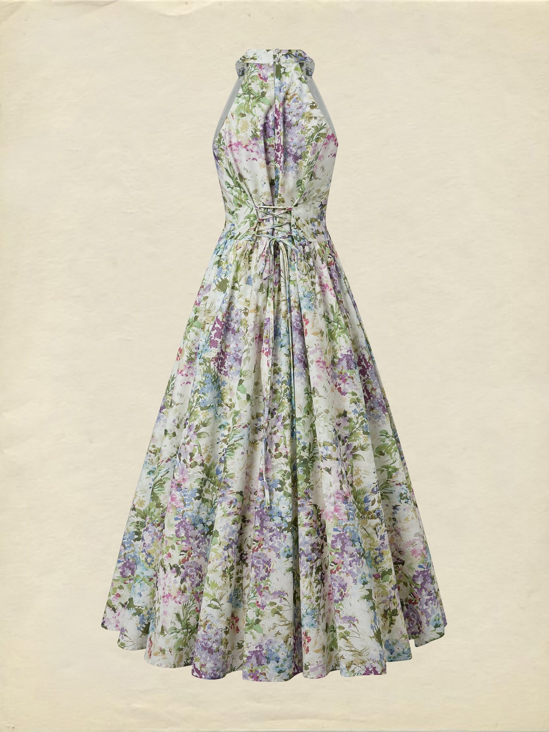 Maxi Cotton Dress, Sleeveless, Halter, Floral, Vacation, Vintage, White - Image 3