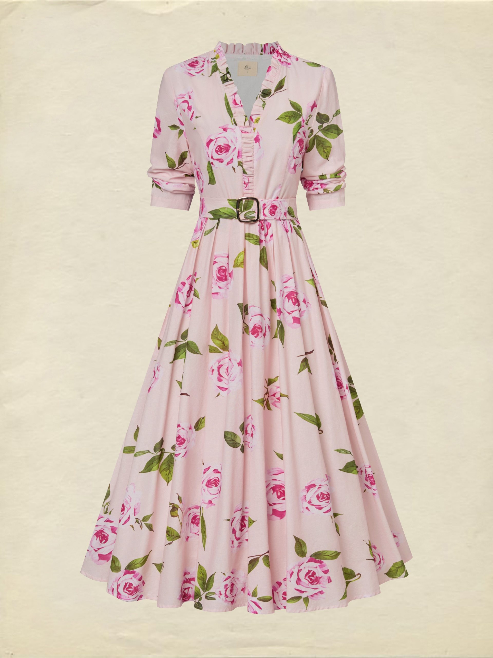Midi Linen Dress , Long Sleeves, V Neck, Floral, Belt Design, Vacation, Vintage, Light Pink - Image 2